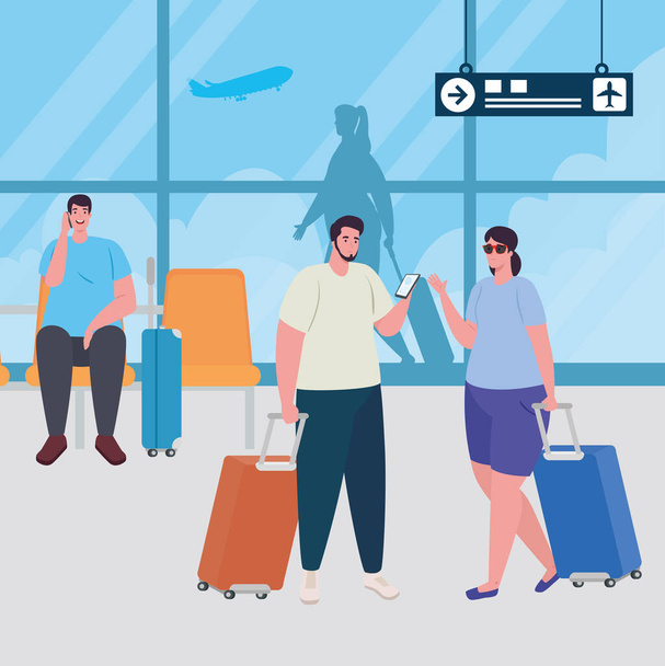 grupo de pessoas no terminal do aeroporto, passageiros no terminal do aeroporto com bagagens - Vetor, Imagem