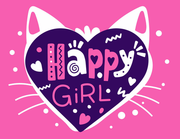 Vector girly poster with bright cat heart with ears and header on pink background - Vetor, Imagem