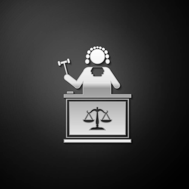 Silver Judge with gavel on table icon isolated on black background. Long shadow style. Vector. - Vector, Image