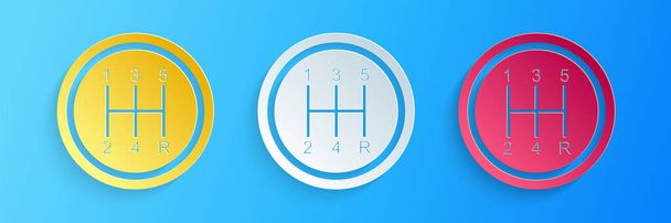 Paper cut Gear shifter icon isolated on blue background. Transmission icon. Paper art style. Vector. - Vector, Image