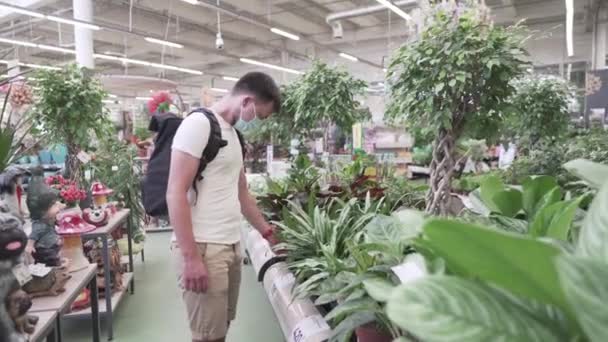 Zákazník nosí ochrannou masku v zahradnictví si vybere domácí rostlinu. Nakupování zásob, ale ne kontakt. Muž kupující procházející zahradním centrem. Muž nakupování pro tropické vnitřní rostliny v jeslích - Záběry, video