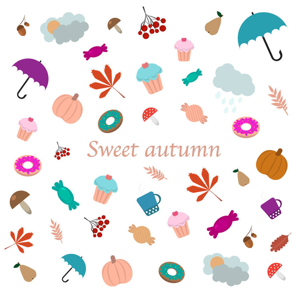 Cute and bright autumn set. With cupcakes, cakes, sweets, umbrellas, clouds, autumn foliage, pumpkins. Lettering Sweet Autumn. For postcards, screensavers, prints - Vektor, kép
