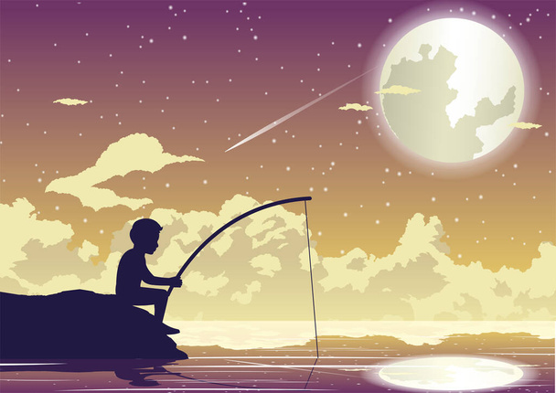 People avtivity and life scene of tha boy is sitting to fishing - Vector, Image