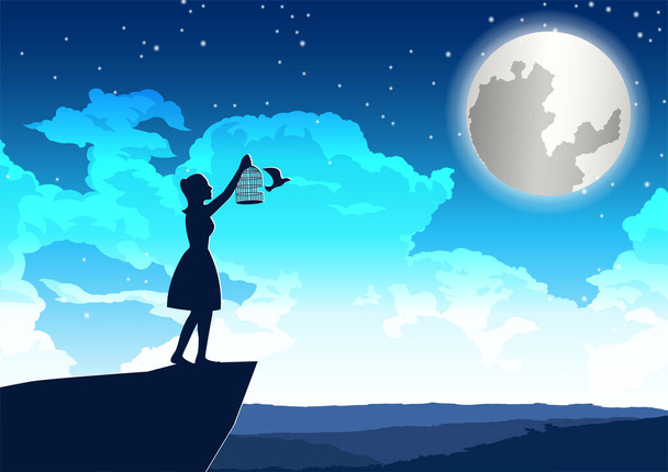 kobieta wypuściła ptaka do pokoju na klifie w piękną noc - Wektor, obraz