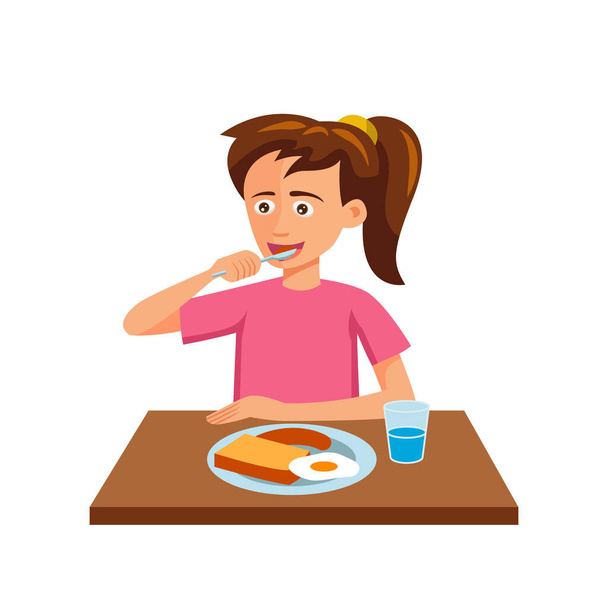 επίπεδη σχεδίαση του χαρακτήρα κινουμένων σχεδίων της γυναίκας τρώει - Διάνυσμα, εικόνα