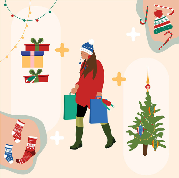 Hozzávalók szilveszteri hangulat.Lány meleg téli ruhákban, hogy a vásárlás.Karácsonyfa utcai piacon.Ajándékdobozok és koszorúk körül.Nő gazdaság csomagok ajándékokkal.Felkészülés az ünnepekre - Vektor, kép