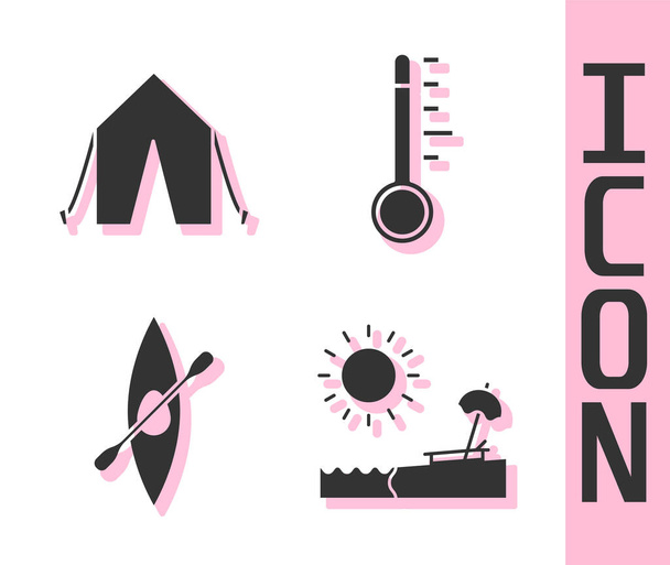 Set Plage avec parasol et chaise, tente touristique, kayak ou canot et pagaie et icône du thermomètre météorologie. Vecteur. - Vecteur, image