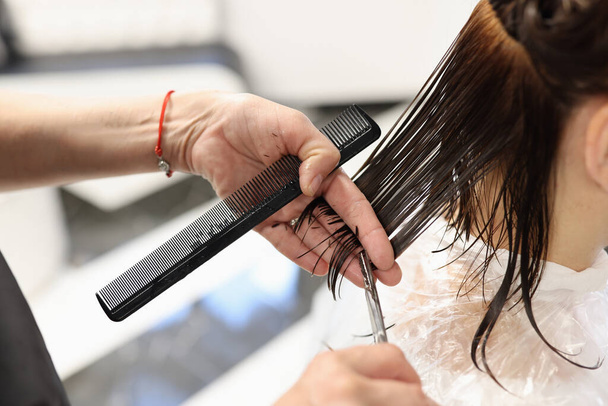 Мастер парикмахерская стрижет клиентов ножницами. - Фото, изображение