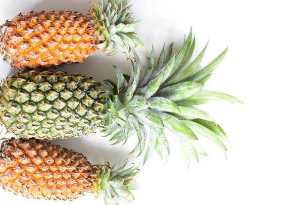 Grüne Ananas und orangefarbene Ananas isoliert in leuchtend gelbem Hintergrund, frisches tropisches Obst Hintergrund, Sommer / Urlaub, Essen und Trinken, saftig, kühl, vegan, gesunde Ernährung, Fitness - Foto, Bild