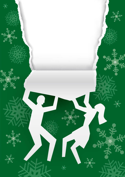 Couple tearing Christmas wrapping paper.Paper couple silhouette and green christmas torn paper background. Place for your text or image. Vector available - Vector, Image