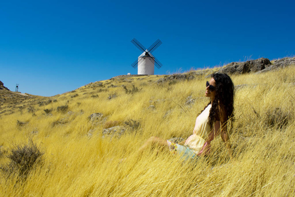 Molino de viento blanco y negro con una chica morena en un vestido corto - Foto, imagen