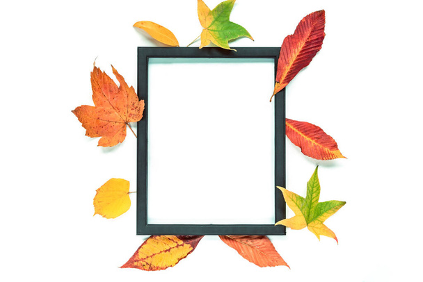 Black frame and yellow leaves on white background. Halloween concept. Top view, flat lay, copy space. - Photo, Image