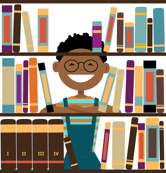 Sorrindo menino olhando através de prateleiras de livros de biblioteca, EPS 8 ilustração vetorial - Vetor, Imagem