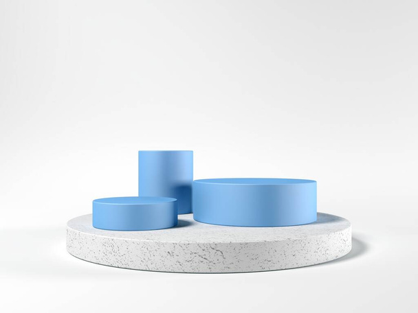 Podio cilindro. Modello per la visualizzazione dei prodotti. Esposizione. Illustrazione 3d. Blu e grigio. Forme astratte. - Foto, immagini