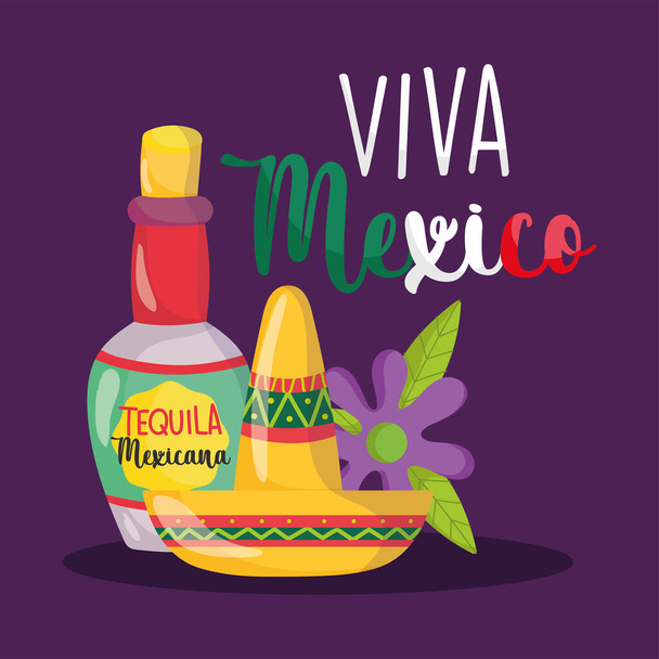 Meksika bağımsızlık günü, tekila şişesi şapka ve çiçek, Viva Mexico Eylül 'de kutlanır. - Vektör, Görsel