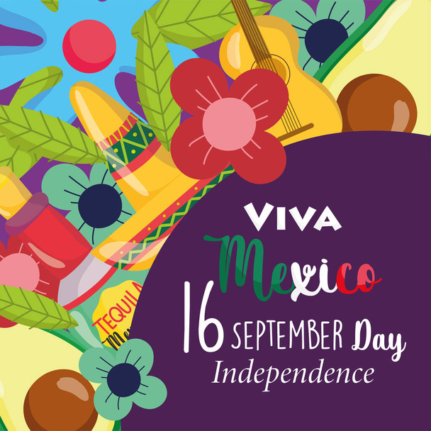 メキシコ独立記念日、花帽子ギターアボカド装飾ポスター、ビバメキシコは9月に祝われます - ベクター画像