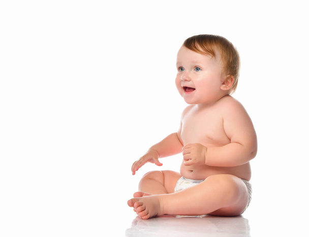 child baby toddler sitting crawling backwards happy smiling on a white background - 写真・画像
