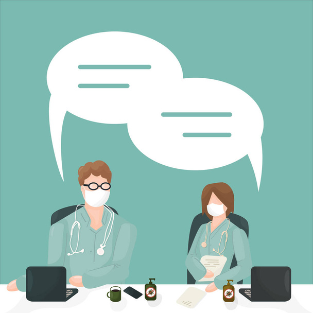 vector characters doctors, medical workers in green clothes, one person with laptop, disinfection, masks, another person with notebook on blue background, they have dialogue meeting with dialog boxes - Vector, Image