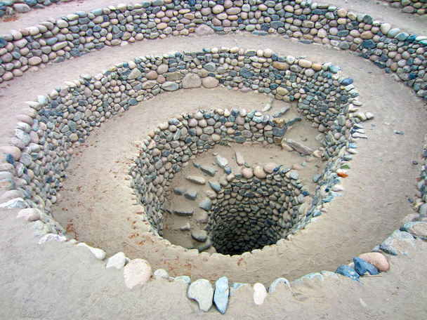 Trous en spirale connus sous le nom de "Puquios" qui servent de système hydraulique complexe, construit pour extraire l'eau des aquifères du métro dans la région péruvienne de Nazca - Photo, image