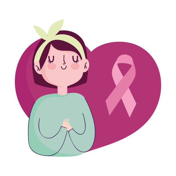 μήνας ευαισθητοποίησης του καρκίνου του μαστού κορίτσι κορδέλα πορτρέτο στην καρδιά διάνυσμα - Διάνυσμα, εικόνα