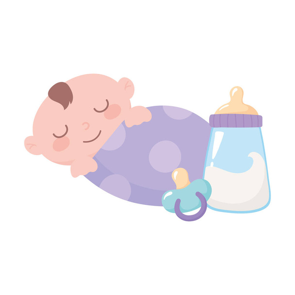 vauvakutsut, pieni poika peitossa pullon maidolla ja tutti, juhla tervetuloa vastasyntynyt - Vektori, kuva