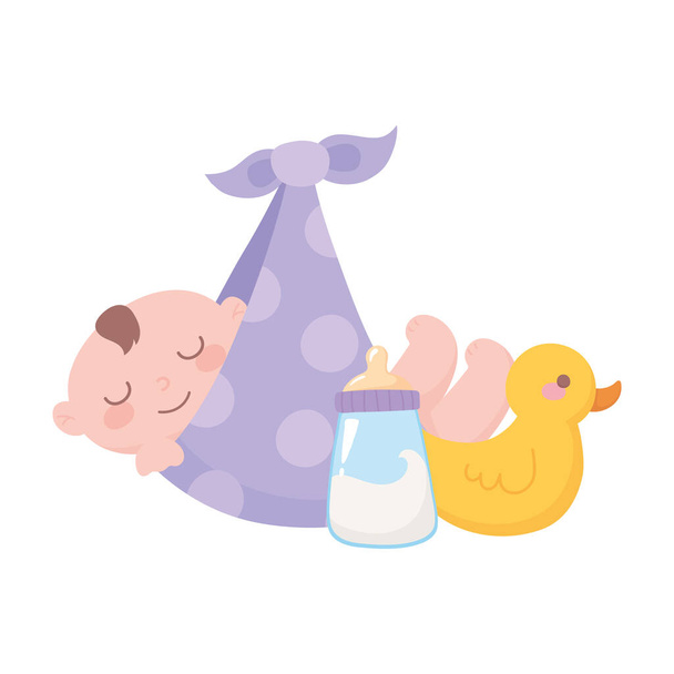 baby shower, chłopiec w kocu z kaczką i butelką mleka, uroczystość powitanie noworodka - Wektor, obraz