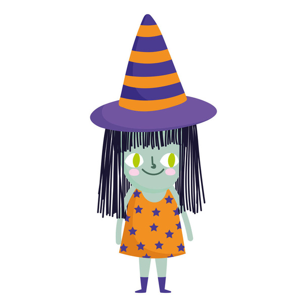 gelukkig halloween, kind met heks kostuum cartoon, truc of traktatie viering - Vector, afbeelding
