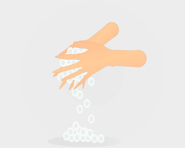 Πλένει το χέρι με faom και πολλές φυσαλίδες σε λευκό φόντο - Διάνυσμα, εικόνα