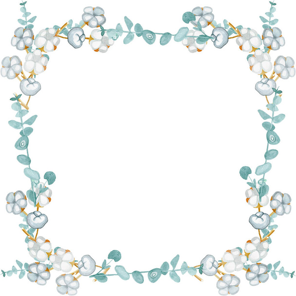 Ботанічна ілюстрація квадратної рамки евкаліпта і бавовняного акварелі вручну
 - Фото, зображення