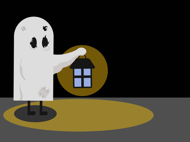 Illustrazione di qualcuno travestito da fantasma che sorregge una lampada accesa con la luce sopra e sul pavimento - Foto, immagini