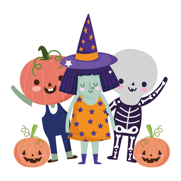 gelukkig halloween, heks skelet en pompoen kostuums personages truc of traktatie feest viering - Vector, afbeelding