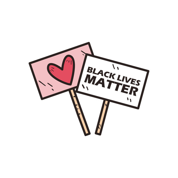 Black lives matter und heart banners boards line and fill style icon vektordesign - Vektor, Bild