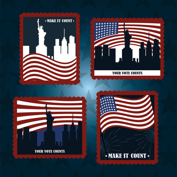 set post γραμματόσημο αμερικάνικες σημαίες πόλη Νέα Υόρκη καταμέτρηση των ψήφων σας, την πολιτική ψηφοφορία και τις εκλογές ΗΠΑ, να μετρήσει - Διάνυσμα, εικόνα