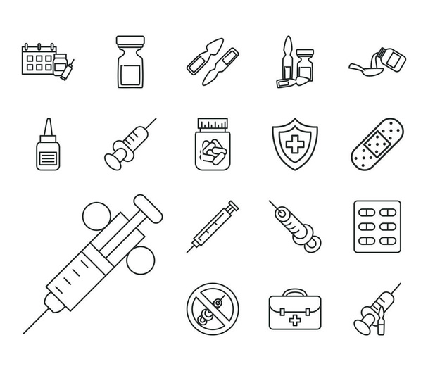Diseño de vectores de iconos de conjunto de estilo de línea de investigación de vacunas - Vector, imagen