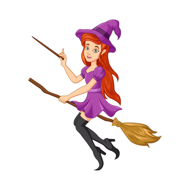 Вектор мультфильма "Хэллоуин": девушка летит на метле - Вектор,изображение