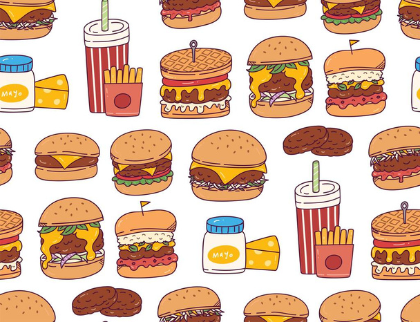 hamburger doodle modello senza soluzione di continuità vettoriale illustrazione - Vettoriali, immagini