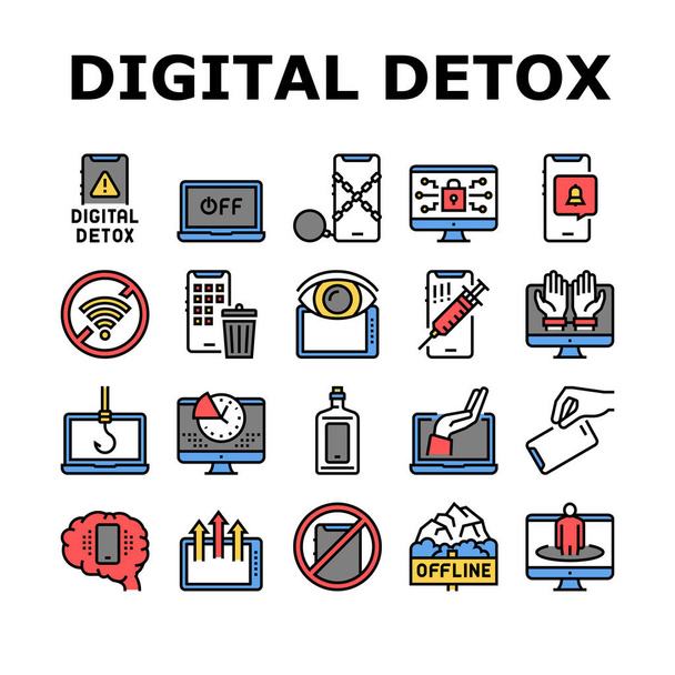 Цифровий пристрій Detox Collection значки Вектор набору. Wi-Fi і смартфон перетнули позначку, ноутбук з екрану і телефон екран технології гаджетів Detox Color Contour ілюстрації
 - Вектор, зображення