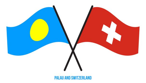 Palau y Suiza banderas cruzadas y ondeando estilo plano. Proporción oficial. Colores correctos. - Vector, imagen