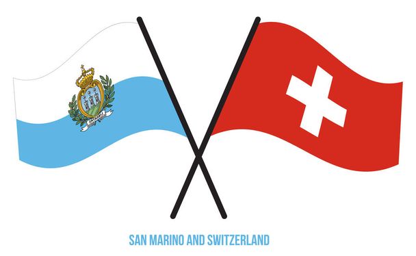 San Marino e Svizzera Bandiere incrociate e sventolate in stile piatto. Proporzione ufficiale. Colori corretti. - Vettoriali, immagini