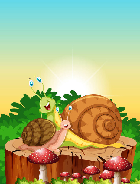 Two snails living in the garden scene at daytime  illustration - Vector, Image