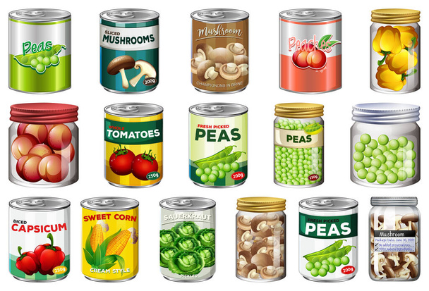 Különböző konzervdobozos élelmiszerek és élelmiszerek elkülönített illusztrációkban - Vektor, kép
