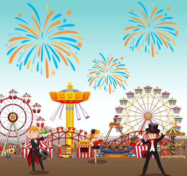 Парк аттракционов с цирком и колесами обозрения и пожарной иллюстрацией - Вектор,изображение