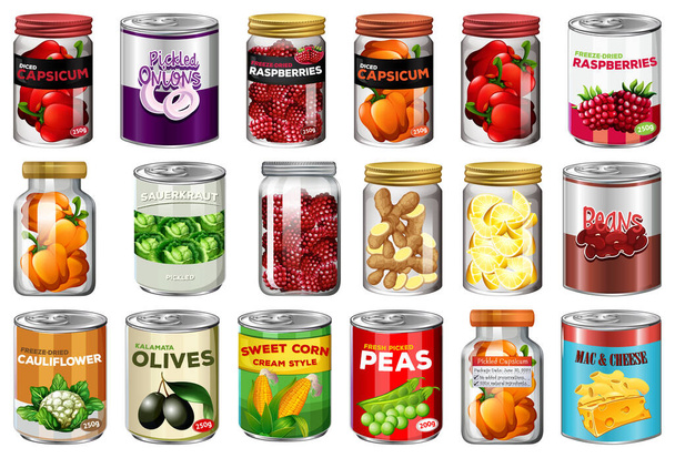 Set of different canned food and food in jars isolated illustration - Vector, Image