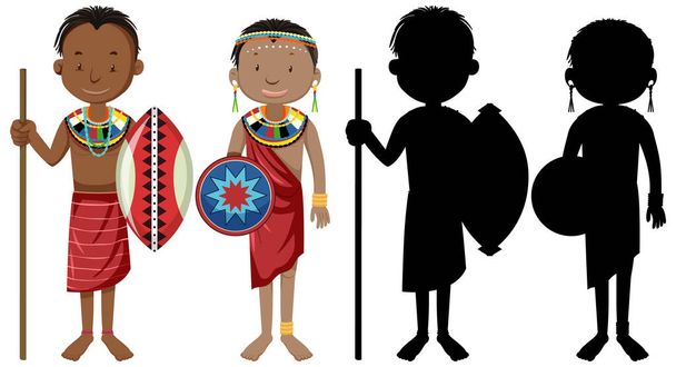 Set van mensen van Afrikaanse stammen karakter met zijn silhouet illustratie - Vector, afbeelding