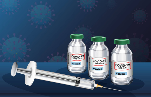 Orvosi fecskendő tűvel covid-19 vagy coronavirus poszter vagy banner illusztráció - Vektor, kép