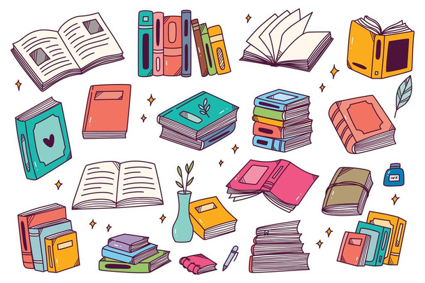 Σύνολο ζωγραφισμένων στο χέρι βιβλίων σε εικονογράφηση διανυσμάτων τύπου doodle - Διάνυσμα, εικόνα