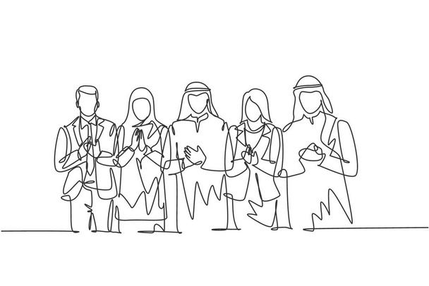 Una línea continua de dibujo de jóvenes empresarios y mujeres de negocios se alinean mientras aplauden. Ropa islámica shemag, hijab, bufanda, keffiyeh. Ilustración vectorial de diseño de línea única - Vector, imagen