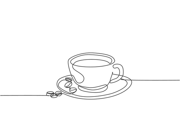 Disegno di linea continuo solo di una tazza di bevanda di caffè con chicchi di caffè su sottobicchiere di ceramica e tavolo. Esposizione di concetto della bevanda del caffè per la caffetteria. Illustrazione del disegno di una linea - Vettoriali, immagini