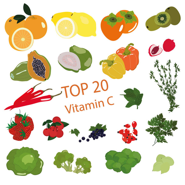 Top 20 Vitamins C. Vegetables, fruits, greens, vector object. Collection. - 写真・画像