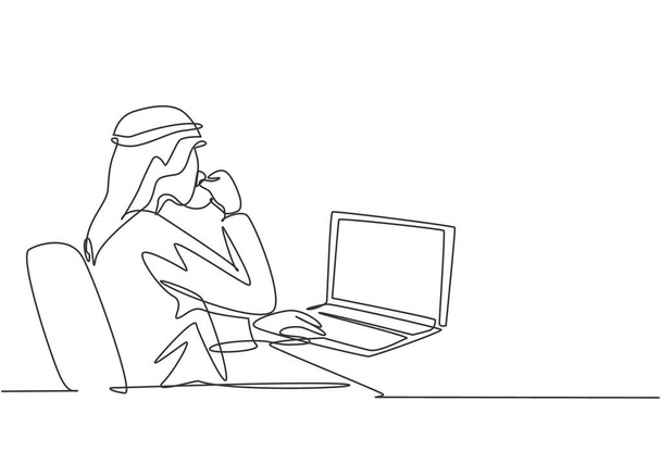 Desenho de linha contínua única de jovens empresários muçulmanos digitando rascunho de proposta de negócios no laptop. Pano árabe do Médio Oriente shmagh, kandura, descongelamento, roupão. Desenho de uma linha ilustração - Vetor, Imagem